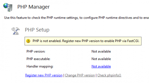PHP is not enabled register new PHP version to enable PHP via FastCGI